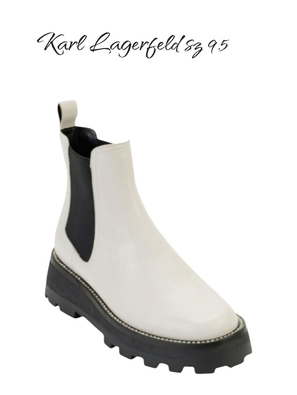 Karl Lagerfeld Paris Mayde White Leather Lug Sole Chelsea Ankle Boots Size 9.5